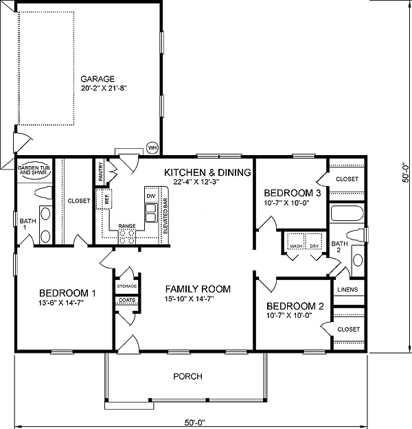 House Plan 45468 Ranch Style with 1400 Sq Ft, 3 Bed, 2 Bath