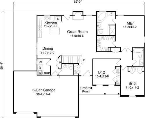 House Plan 49077 - One-Story Style with 1635 Sq Ft, 3 Bed, 2 Bath, 1
