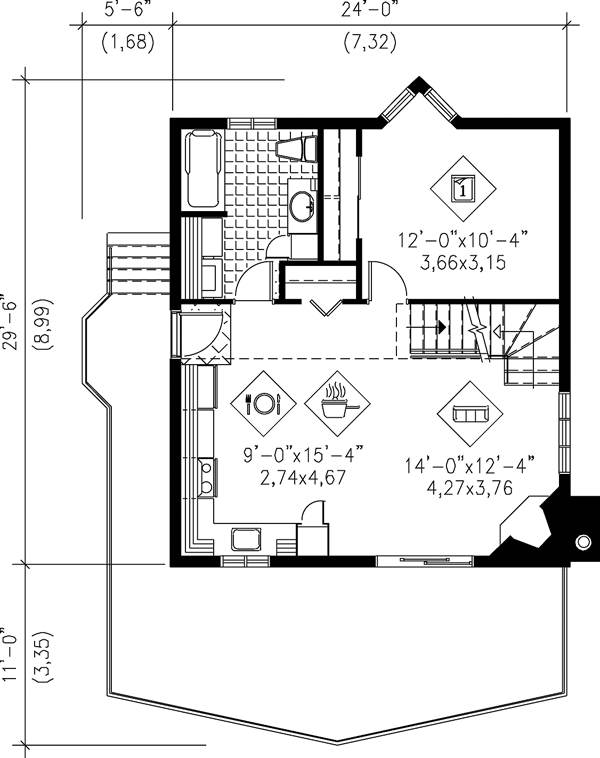 House Plan 49834 OneStory Style with 969 Sq Ft, 1 Bed