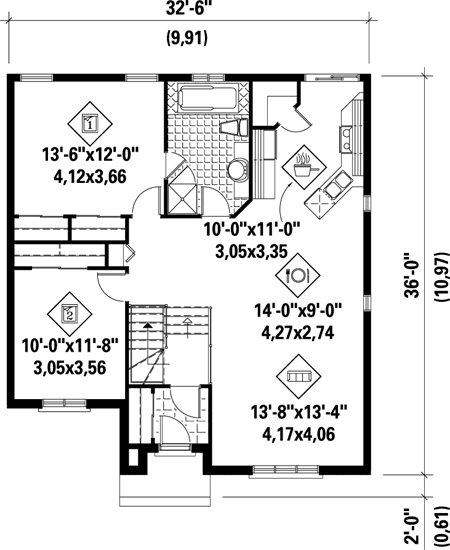 House Plan 52520 - with 1095 Sq Ft, 2 Bed, 1 Bath