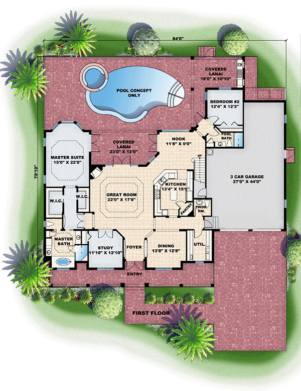 House Plan 60786 Florida Style With, Florida House Plans With Pool
